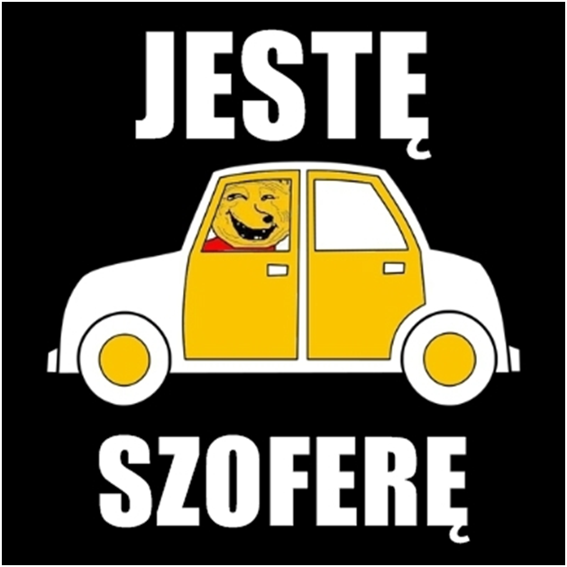 Kolorowy rysunek samochodu z napisem „Jestę szoferę”